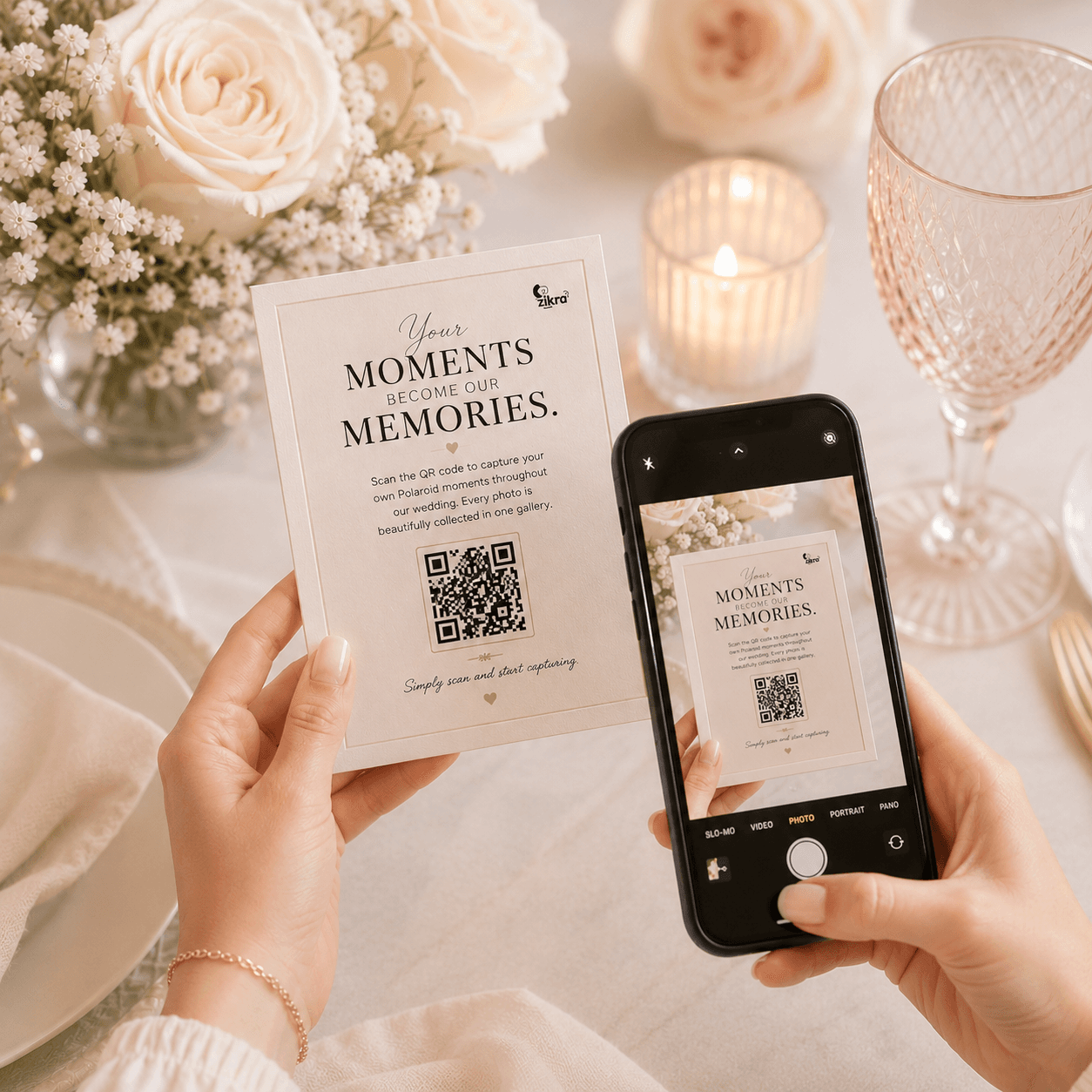 Guest scanning a Zikra card at the wedding table